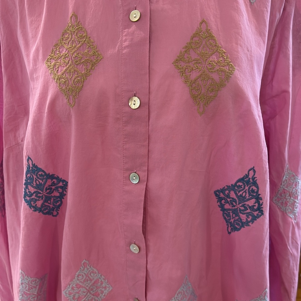 J. Jill Pink Cotton Button Down Tunic w/Embroidered Geometric Shapes. Size L. - Picture 4 of 11